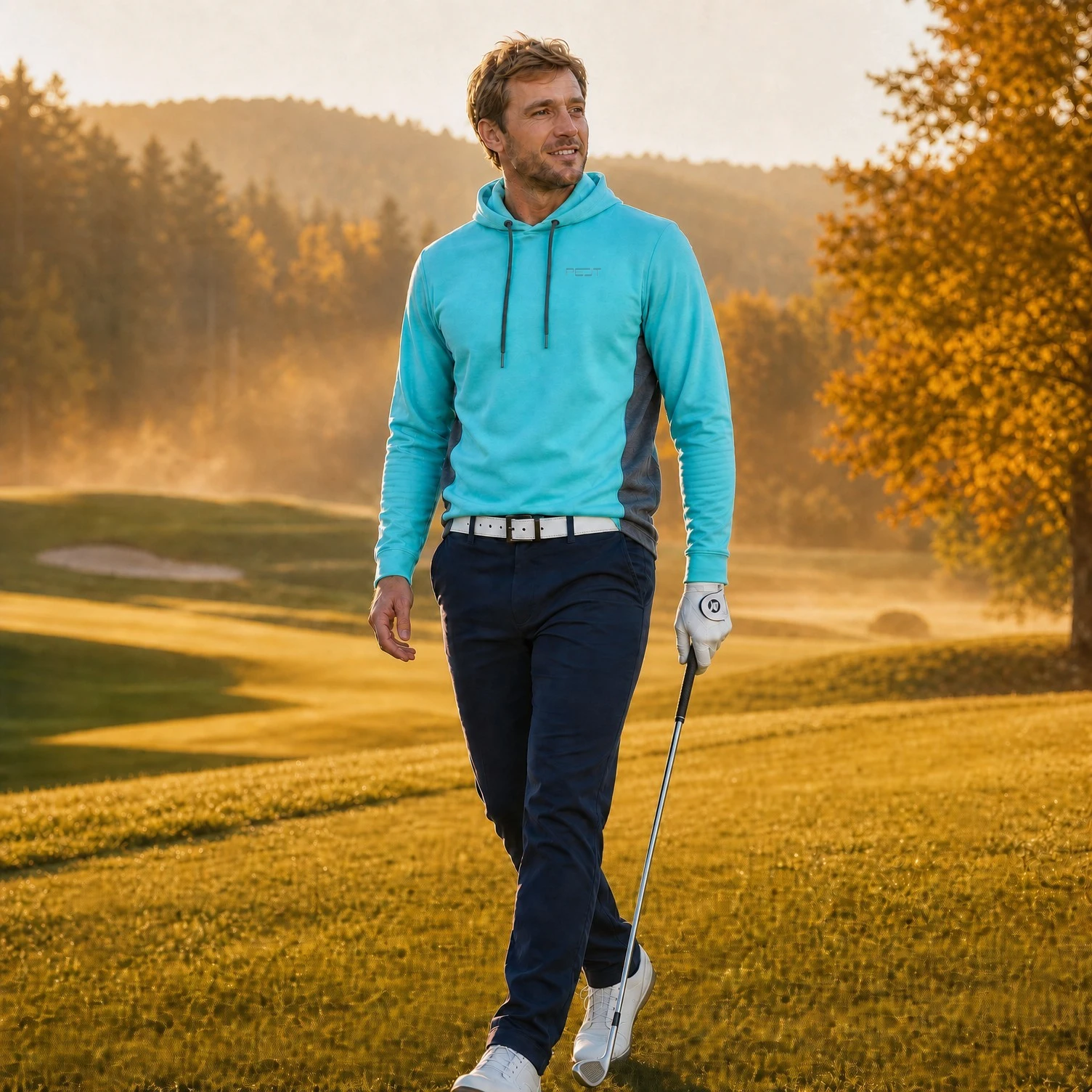 Golfer im türkisen PELT Hoodie auf einem herbstlichen Golfplatz bei Sonnenaufgang